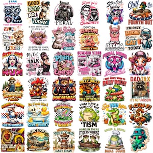 May include: A collection of thirty colorful graphic designs featuring various animals, skeletons, and characters with humorous text. The illustrations include raccoons, cats, frogs, and cows in vibrant styles, each paired with witty phrases and slogans.
