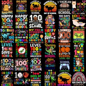 Pu&ograve; includere: Una collezione di design colorati che celebrano il 100&deg; giorno di scuola. Le immagini presentano vari temi, tra cui dinosauri, sport e giochi, con testo come "Happy 100th Day of School" e "100 Days Smarter."