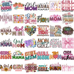 Puede incluir: Una colecci&oacute;n de dise&ntilde;os gr&aacute;ficos coloridos con las palabras "Girl Mom" y "Girl Mama" en varias fuentes y estilos. Los dise&ntilde;os incluyen acentos florales, estampado de leopardo y formas de coraz&oacute;n, adecuados para ropa o manualidades.