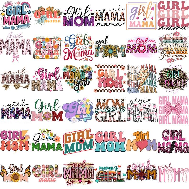 Puede incluir: Una colecci&oacute;n de dise&ntilde;os gr&aacute;ficos coloridos con las palabras "Girl Mom" y "Girl Mama" en varias fuentes y estilos. Los dise&ntilde;os incluyen acentos florales, estampado de leopardo y formas de coraz&oacute;n, adecuados para ropa o manualidades.