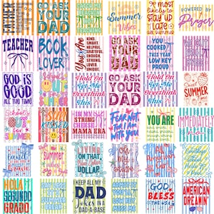 Puede incluir: Una colecci&oacute;n de treinta dise&ntilde;os gr&aacute;ficos rectangulares con varias frases como Go Ask Your Dad, Summer Vibes y God Is Good, sobre fondos a rayas de diversos colores, incluyendo rosa, azul, amarillo y naranja.