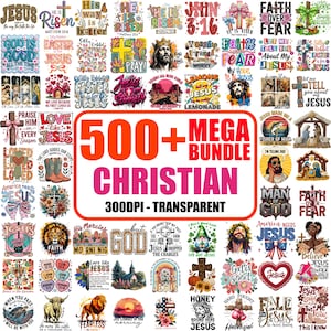 Puede incluir: Una colección de más de 500 diseños de temática cristiana, que incluyen cruces, Jesús y citas inspiradoras. Los diseños son de varios colores y estilos, con el texto "500+ MEGA BUNDLE CHRISTIAN 300DPI - TRANSPARENT".