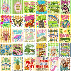 Puede incluir: Una colecci&oacute;n de treinta pegatinas cuadradas coloridas con diversas ilustraciones de animales, frutas y flores, cada una acompa&ntilde;ada de textos divertidos como Pickles and Jesus, Feeling Crabby y Later Gator, dispuestas en una cuadr&iacute;cula.