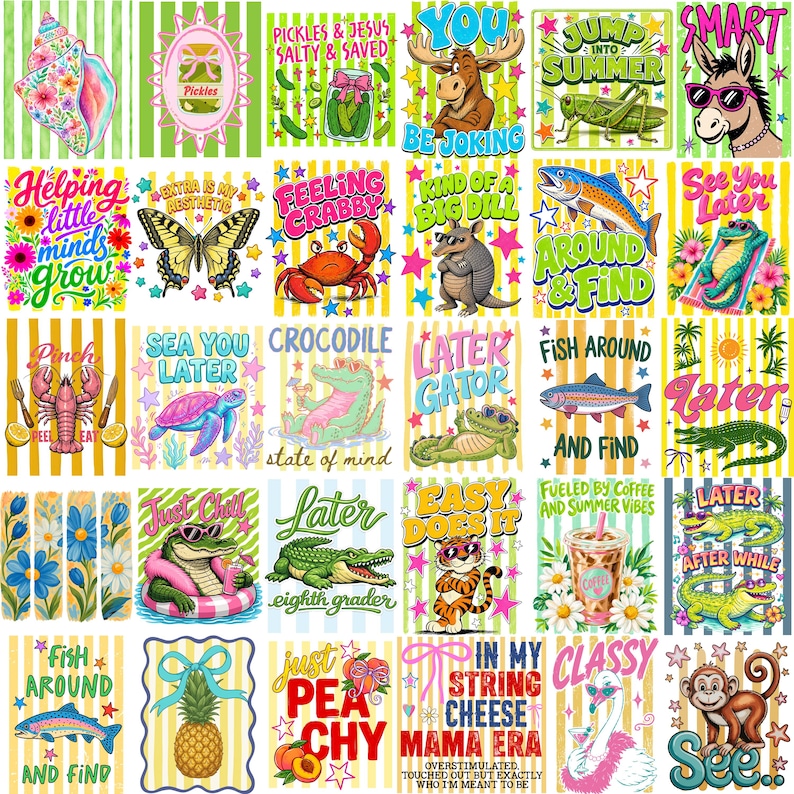 Puede incluir: Una colecci&oacute;n de treinta pegatinas cuadradas coloridas con diversas ilustraciones de animales, frutas y flores, cada una acompa&ntilde;ada de textos divertidos como Pickles and Jesus, Feeling Crabby y Later Gator, dispuestas en una cuadr&iacute;cula.