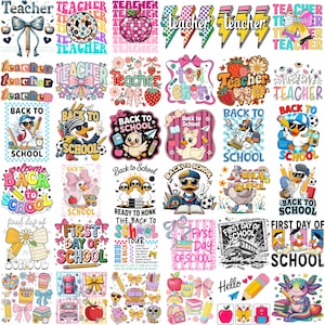 Pode incluir: Uma cole&ccedil;&atilde;o de designs coloridos e extravagantes com gr&aacute;ficos escolares. Os designs incluem patos com &oacute;culos de sol, ma&ccedil;&atilde;s, l&aacute;pis, la&ccedil;os e as palavras "Teacher", "Back to School" e "First Day of School."