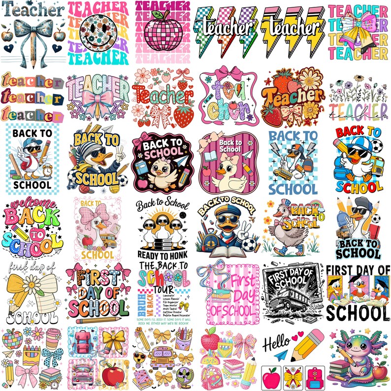 Pode incluir: Uma cole&ccedil;&atilde;o de designs coloridos e extravagantes com gr&aacute;ficos escolares. Os designs incluem patos com &oacute;culos de sol, ma&ccedil;&atilde;s, l&aacute;pis, la&ccedil;os e as palavras "Teacher", "Back to School" e "First Day of School."