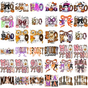 May include: A collection of Halloween-themed designs featuring ghosts, pumpkins, and bows. Text includes "Boo," "Spooky Season," and "I put the BOO in Boujee." The designs are in various colors and patterns, suitable for apparel or crafts.