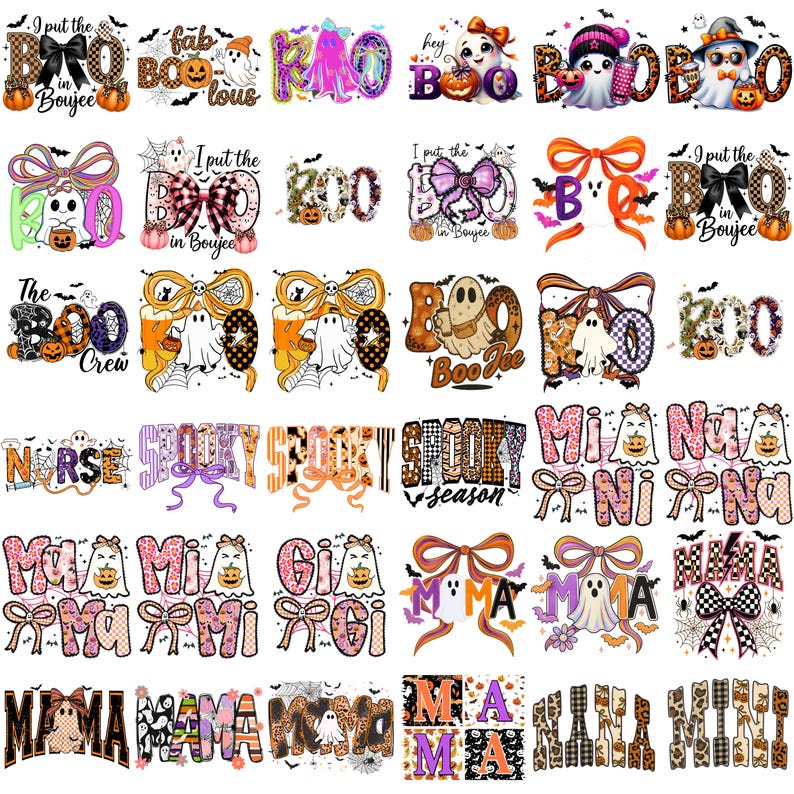 May include: A collection of Halloween-themed designs featuring ghosts, pumpkins, and bows. Text includes "Boo," "Spooky Season," and "I put the BOO in Boujee." The designs are in various colors and patterns, suitable for apparel or crafts.