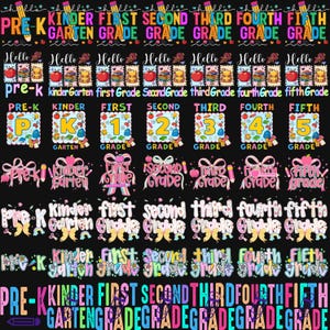 Pode incluir: Fundo preto com texto colorido que diz "PRE-K KINDERGARTEN FIRST SECOND THIRD FOURTH FIFTH GRADE". A imagem tamb&eacute;m inclui gr&aacute;ficos tem&aacute;ticos escolares como ma&ccedil;&atilde;s, livros e l&aacute;pis.