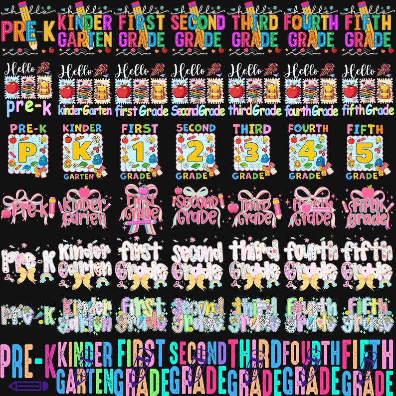 Pode incluir: Fundo preto com texto colorido que diz "PRE-K KINDERGARTEN FIRST SECOND THIRD FOURTH FIFTH GRADE". A imagem tamb&eacute;m inclui gr&aacute;ficos tem&aacute;ticos escolares como ma&ccedil;&atilde;s, livros e l&aacute;pis.