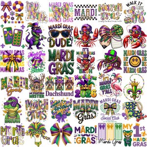 May include: A collection of Mardi Gras-themed graphics. The designs include bows, text, and illustrations of a dinosaur, lobster, and dachshunds. Colors include purple, green, and gold.