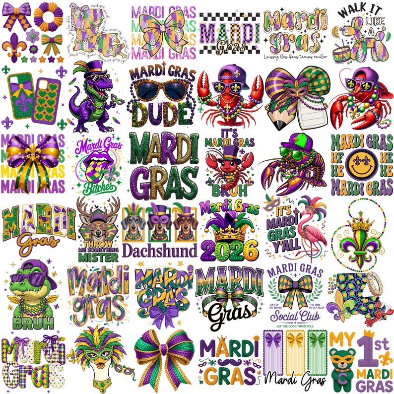 May include: A collection of Mardi Gras-themed graphics. The designs include bows, text, and illustrations of a dinosaur, lobster, and dachshunds. Colors include purple, green, and gold.