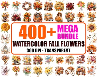 Watercolor Fall Flowers Clipart Bundle: 400+ PNG Images (Digital Download)