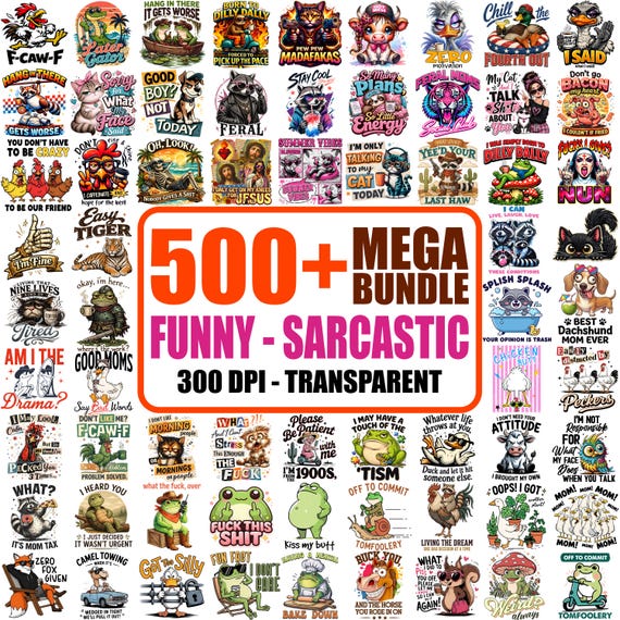 500+ Funny Sarcastic PNG Mega Bundle, Sassy Raccoon Clipart, Retro Humor