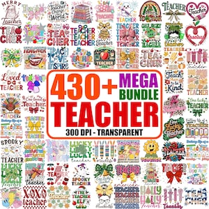Puede incluir: Una colección de diseños digitales con temática de profesores, que incluyen gráficos de texto e ilustraciones. Los diseños presentan frases como "Teacher", "Love" e "Inspire", junto con varios elementos decorativos. La imagen incluye el texto "430+ MEGA BUNDLE TEACHER."