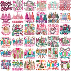 May include: A collection of thirty individual Christmas-themed graphic designs featuring various illustrations of Santa Claus, snowmen, decorated pine trees, bows, and text reading Merry Christmas in diverse colourful fonts, patterns, and styles.