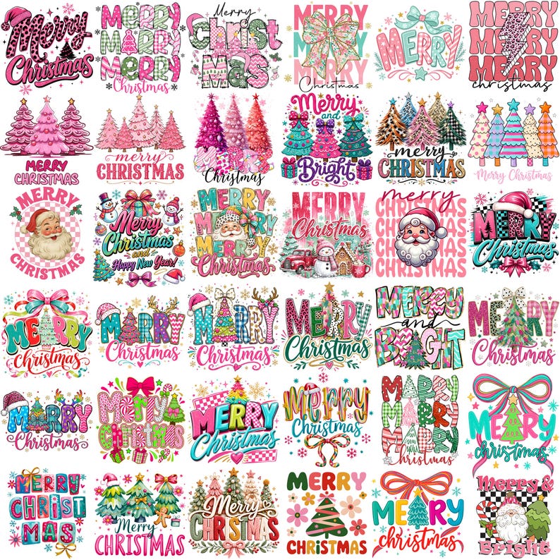 May include: A collection of thirty individual Christmas-themed graphic designs featuring various illustrations of Santa Claus, snowmen, decorated pine trees, bows, and text reading Merry Christmas in diverse colourful fonts, patterns, and styles.
