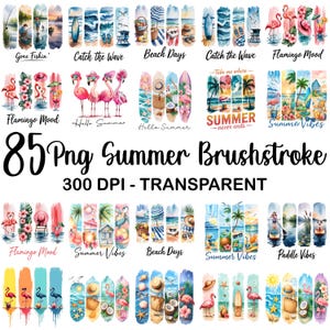 Pode incluir: Uma coleção de 85 designs de pinceladas de verão PNG. Os designs apresentam cenas de praia, flamingos, pranchas de surf e texto como "Summer Vibes" e "Beach Days". As imagens são transparentes e 300 DPI.