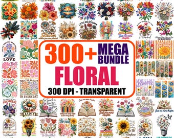 300+ Floral Mega Bundle png, Boho Floral,  Groovy Retro 70s Flower Clipart