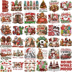May include: A collection of Christmas-themed digital illustrations featuring gnomes, snowmen, Santa Claus, reindeer, highland cows, and festive typography. The designs include holiday motifs like presents, trees, ornaments, and plaid patterns.