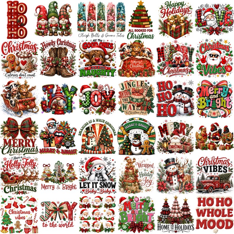 May include: A collection of Christmas-themed digital illustrations featuring gnomes, snowmen, Santa Claus, reindeer, highland cows, and festive typography. The designs include holiday motifs like presents, trees, ornaments, and plaid patterns.