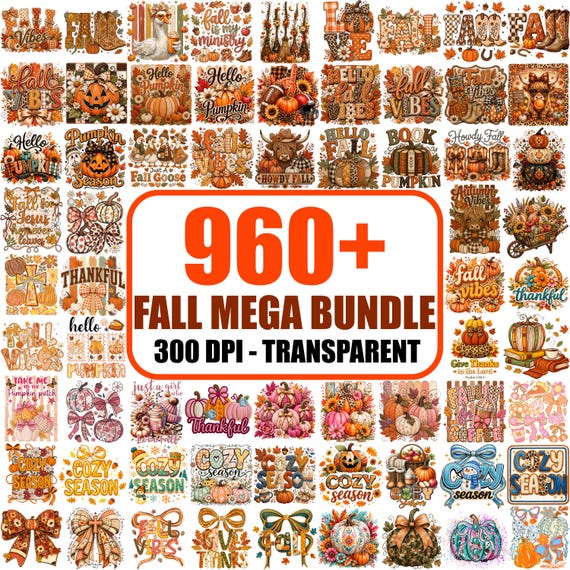 960+ Fall Autumn PNG Bundle, Cozy Season, Pumpkin Designs (Digital Download)