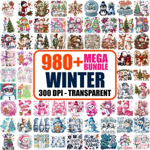 May include: A digital collection of 980+ winter-themed graphic illustrations featuring snowmen, gnomes, and holiday motifs. The central text reads 980+ MEGA BUNDLE WINTER 300 DPI - TRANSPARENT, surrounded by a grid of colourful seasonal designs.
