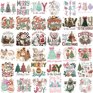 May include: A collection of Christmas-themed digital illustrations featuring various festive motifs including Santa Claus, snowmen, reindeer, decorated pine trees, ornaments, and holiday typography such as Merry and Bright and Joy to the World.
