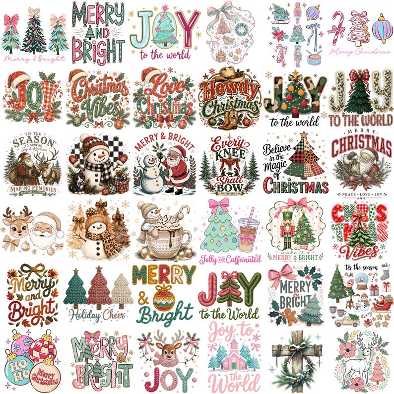 May include: A collection of Christmas-themed digital illustrations featuring various festive motifs including Santa Claus, snowmen, reindeer, decorated pine trees, ornaments, and holiday typography such as Merry and Bright and Joy to the World.