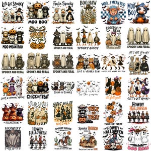 May include: A collection of Halloween-themed graphic designs featuring various spooky characters like ghosts, cats, raccoons, and pumpkins. Text includes phrases like "Let's Get Spooky," "Trick or Treat," and "Howdy Halloween."