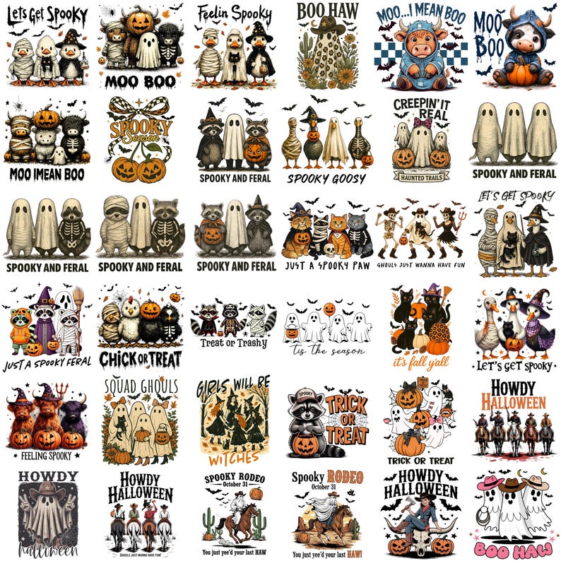 May include: A collection of Halloween-themed graphic designs featuring various spooky characters like ghosts, cats, raccoons, and pumpkins. Text includes phrases like "Let's Get Spooky," "Trick or Treat," and "Howdy Halloween."