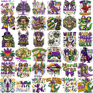 May include: A collection of colorful Mardi Gras-themed graphics. Designs include dinosaurs, bows, masks, lips, and text like "Mardi Gras," "Bruh," and "Walk It Like A." The color palette features purple, green, and gold.