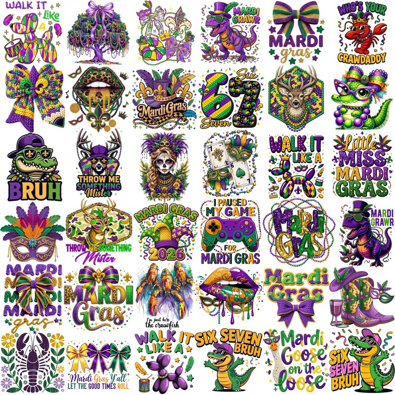 May include: A collection of colorful Mardi Gras-themed graphics. Designs include dinosaurs, bows, masks, lips, and text like "Mardi Gras," "Bruh," and "Walk It Like A." The color palette features purple, green, and gold.