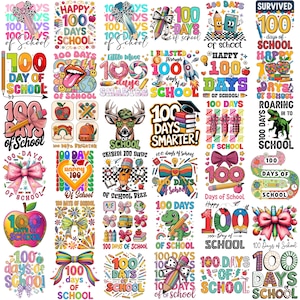 Pu&ograve; includere: Una collezione di design digitali colorati che celebrano il 100&deg; giorno di scuola. I design presentano matite, fiocchi, mele e testo come "Happy 100 Days of School". Perfetto per lavoretti educativi.