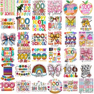 Pu&ograve; includere: Una collezione di design digitali colorati che celebrano il 100&deg; giorno di scuola. I design presentano vari font, grafiche e frasi, tra cui fiocchi, mele, matite e arcobaleni. La tavolozza dei colori include rosso, blu, giallo e rosa.