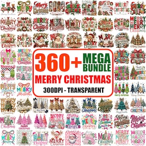 May include: A digital collection of over 360 Merry Christmas graphic designs featuring various holiday themes like Santa Claus, reindeer, and Christmas trees in diverse colours and patterns, with the text 360+ MEGA BUNDLE MERRY CHRISTMAS 300DPI - TRANSPARENT.