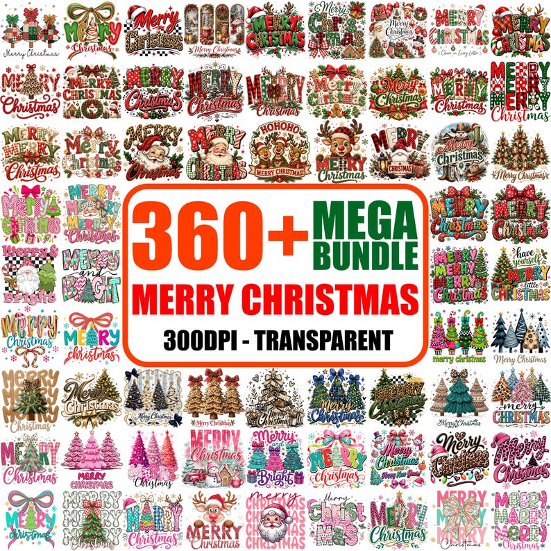May include: A digital collection of over 360 Merry Christmas graphic designs featuring various holiday themes like Santa Claus, reindeer, and Christmas trees in diverse colours and patterns, with the text 360+ MEGA BUNDLE MERRY CHRISTMAS 300DPI - TRANSPARENT.