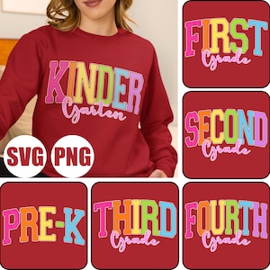 Retro Back to School PNG Neon Disstressed Bundle, Coquette Kindergarten Pre-K 1st 2nd 3rd 4th Grade Png, Girly Pink Bow, Hand Drawn,Colorful
