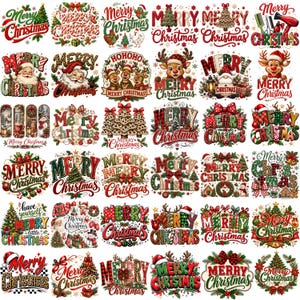 May include: A collection of thirty distinct digital graphic designs featuring the text Merry Christmas, decorated with various holiday motifs including Santa Claus, reindeer, Christmas trees, plaid patterns, leopard prints, and festive ornaments.