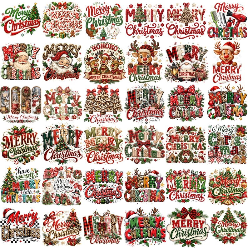 May include: A collection of thirty distinct digital graphic designs featuring the text Merry Christmas, decorated with various holiday motifs including Santa Claus, reindeer, Christmas trees, plaid patterns, leopard prints, and festive ornaments.