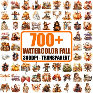 May include: A collection of watercolor illustrations with a fall theme. The images include pumpkins, foxes, scarecrows, and other autumn-related elements. The text in the image reads "700+ WATERCOLOR FALL 300DPI - TRANSPARENT."
