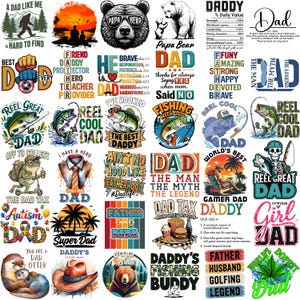 May include: A selection of vibrant graphic designs featuring the word "DAD" in diverse styles. Designs include fishing themes, bear illustrations, and text such as "Super Dad" and "Daddy's Fishing Buddy".