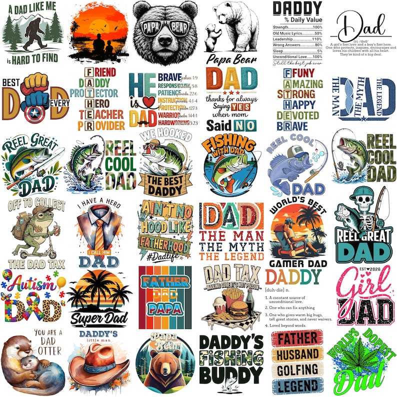 May include: A selection of vibrant graphic designs featuring the word "DAD" in diverse styles. Designs include fishing themes, bear illustrations, and text such as "Super Dad" and "Daddy's Fishing Buddy".