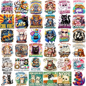May include: A collection of colorful cat-themed stickers with various designs and text. The stickers feature cats with sunglasses, humorous phrases, and illustrations. The overall theme is playful and whimsical, suitable for cat lovers.