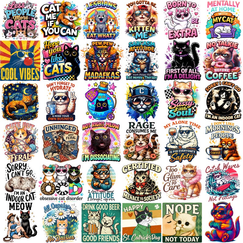 May include: A collection of colorful cat-themed stickers with various designs and text. The stickers feature cats with sunglasses, humorous phrases, and illustrations. The overall theme is playful and whimsical, suitable for cat lovers.