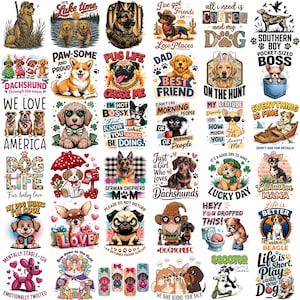 May include: A collection of colorful dog-themed graphic designs. The images feature various dog breeds with text like "Dog Life," "Best Friend," and "I'm Not Bossy." The designs are suitable for apparel and accessories.