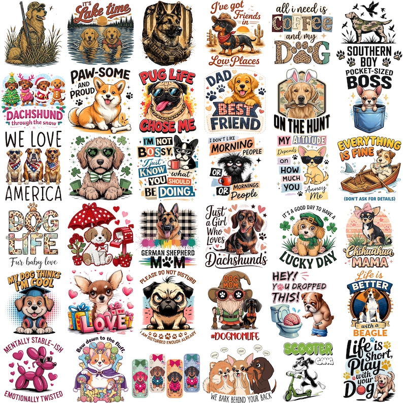 May include: A collection of colorful dog-themed graphic designs. The images feature various dog breeds with text like "Dog Life," "Best Friend," and "I'm Not Bossy." The designs are suitable for apparel and accessories.