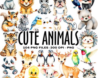 Watercolor Animal Clipart Bundle, Nursery Art PNG (Commercial Use)