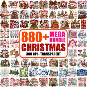 May include: A digital collection of 880 Christmas-themed graphic designs featuring snowmen, gnomes, Santa Claus, reindeer, and festive text. The central orange-bordered box displays the text 880+ MEGA BUNDLE CHRISTMAS 300 DPI - TRANSPARENT.