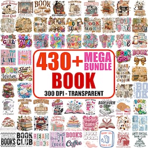May include: A digital collection of over 430 book-themed graphic designs featuring stacks of books, reading-related text, animals, and floral elements in various colours and styles, presented as a mega bundle with 300 DPI transparent files.